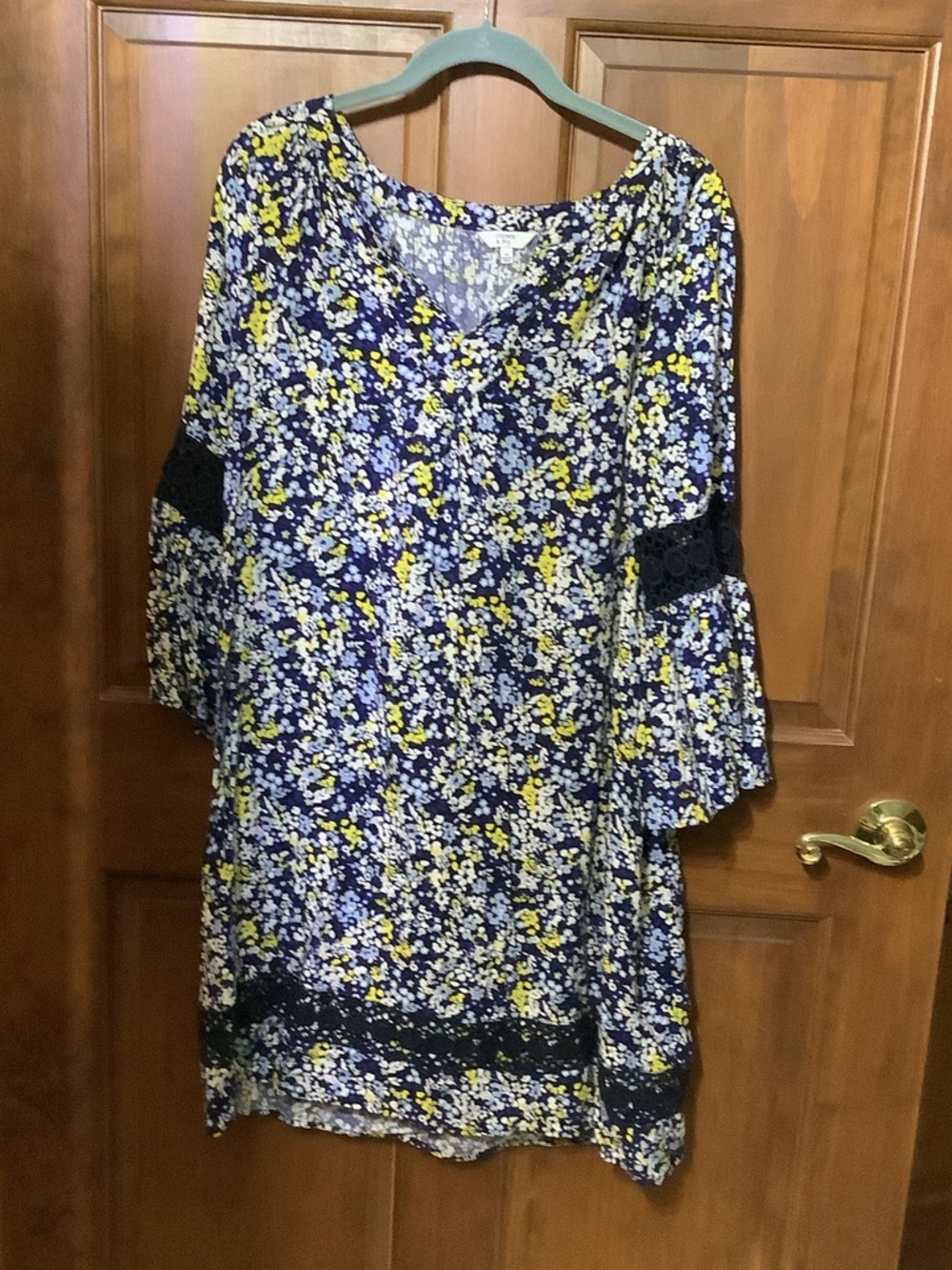 crown & ivy Navy Floral V-Neck Dress with Yellow and White Accents
